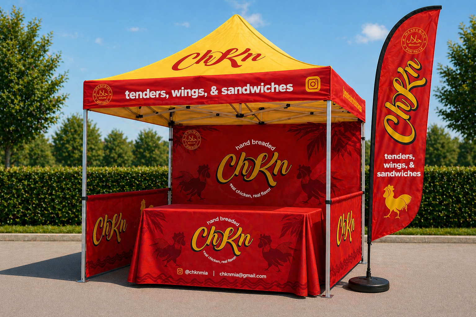 ChKn branded vendor booth. Premium Kit example with feather flag and full setup